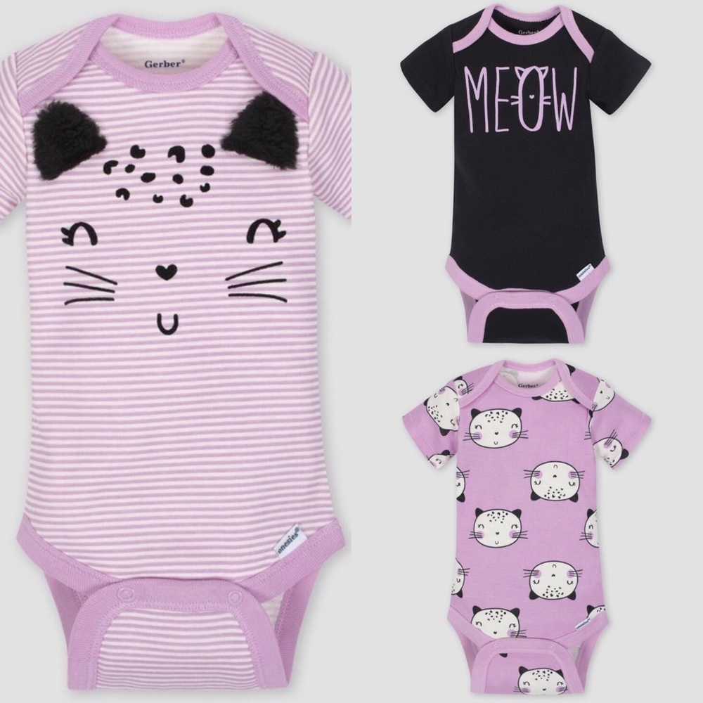 Gerber Baby Girl 3 pk Cat Onesies size 6-9 Months